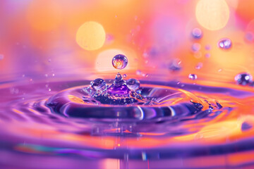 Purple and orange oily drops in water with colorful background close-up. - obrazy, fototapety, plakaty