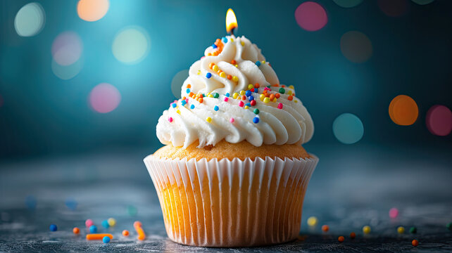 Birthday cupcake with candle on blurred lights