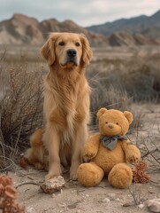 A majestic golden retriever sits proudly next to a cuddly teddy bear amidst the rugged desert landscape, a symbol of loyalty and companionship in the great outdoors