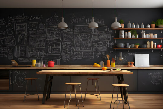 A kitchen with a wall of chalkboard paint for doodling