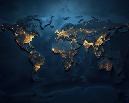 Map of the world in dark blue color with golden glow as wallpaper background illustration