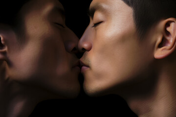 Two Asian young men kissing in front of dark background