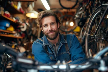 Papier Peint photo autocollant Vélo A contemplative man rests in front of his bicycle, the wheels spinning with memories of adventures past and dreams of journeys to come