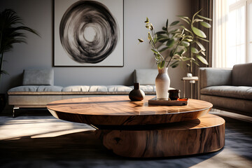 A living room with a unique sculptural coffee table 