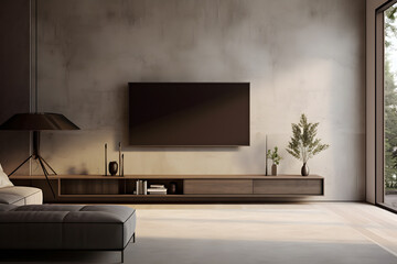 A living room with a TV stand