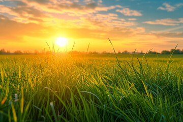 Grass on the field during sunrise. Agricultural landscape in the summer time.
