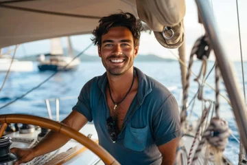 Foto op Plexiglas A joyful sailor aboard a sleek sailboat beams at the camera, their human face adorned with nautical clothing as they embark on an outdoor adventure on the open sea © Sandra