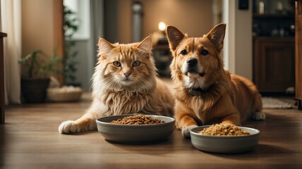 Close-up high-resolution image of cat and dog getting along for some delicious treats.