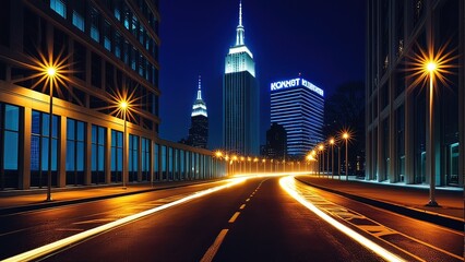 Fototapeta na wymiar Illuminated Skyscrapers and Radiant Highways in a Modern Metropolis”