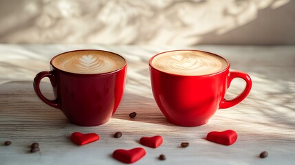 Red valentine coffee latte cups with heart decorations. generative AI