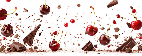 Juicy cherries and chocolate flying on white background