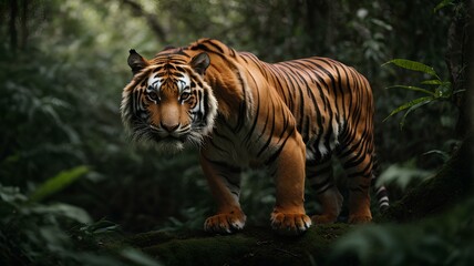 Close-up high-resolution image of a fierce tiger hunting in the deep forest.