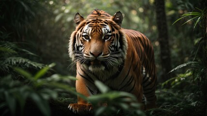 Close-up high-resolution image of a ferocious tiger hunting in the tropical jungle. - obrazy, fototapety, plakaty