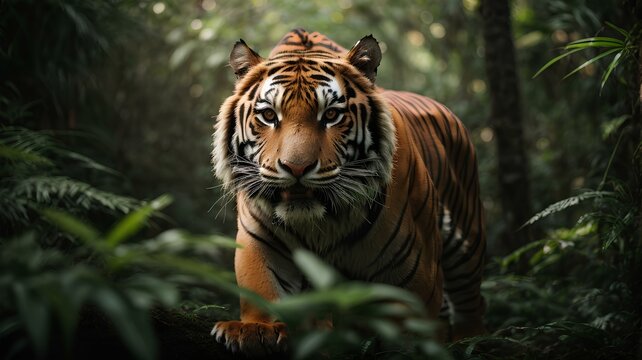 Close-up high-resolution image of a ferocious tiger hunting in the tropical jungle.