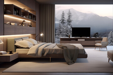 A master bedroom with a statement art piece wall
