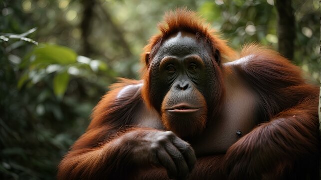Close-up high-resolution image of an adult orangutan in Borneo rainforest.