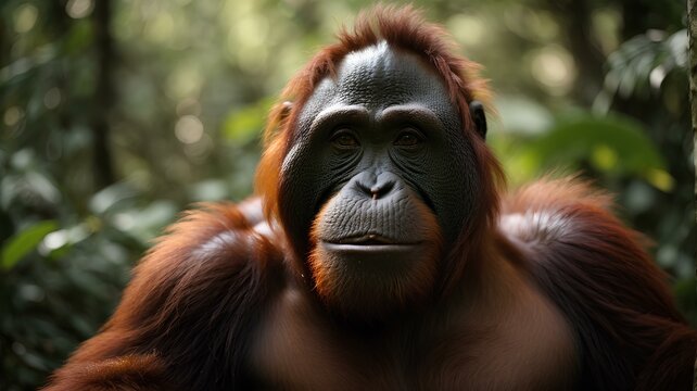 Close-up high-resolution image of a grown-up orangutan in Borneo rainforest.