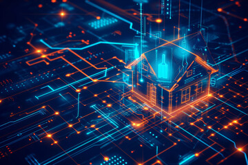 Obraz premium Abstract glowing house chip hologram on dark background. Smart home ai and information concept. 