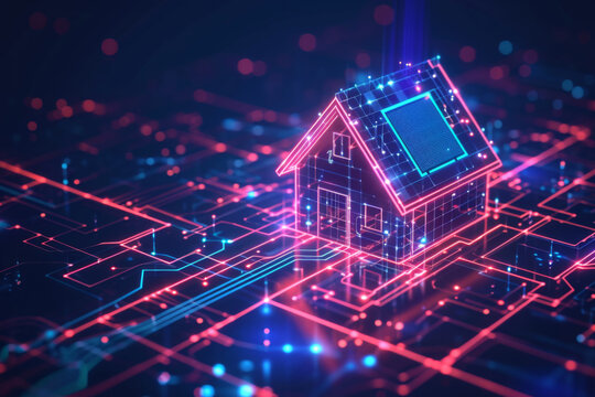 Abstract glowing house chip hologram on dark background. Smart home ai and information concept. 