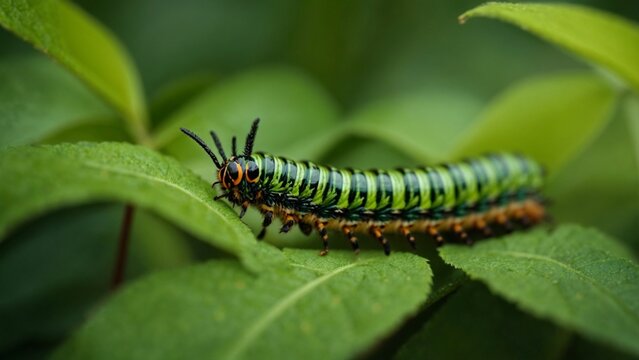 Close-up high-resolution image of a small green caterpillar.