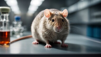 Close-up high-resolution image of a mouse in modern lab as a test subject for medical research.