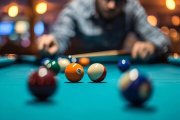 A skilled player focuses intently as he lines up his shot on the sleek green baize, surrounded by the lively energy of the recreation room's pool table and billiard balls