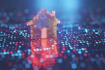 Abstract glowing house chip hologram on dark background. Smart home ai and information concept. 