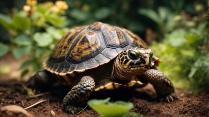 Close-up high-resolution image of a small tortoise in a tropical garden.