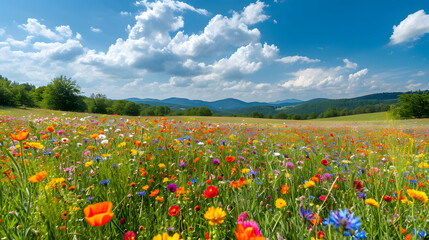 A vibrant and colorful wildflower meadow stretches towards rolling hills under a bright blue sky dotted with white clouds, capturing the essence of spring