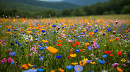 A colorful array of wildflowers blankets a meadow, creating a picturesque natural tapestry against a backdrop of distant trees and overcast skies