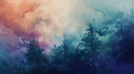Abstract forest landscape with colorful clouds
