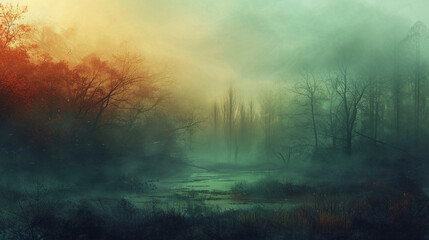 Mystical forest in fog with warm and cool tones
