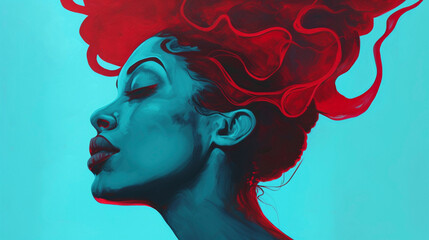 Red-haired woman in surreal blue tones
