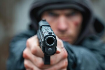 A tense man stands outdoors, gripping a deadly firearm with trembling hands, ready to unleash its destructive power upon his target