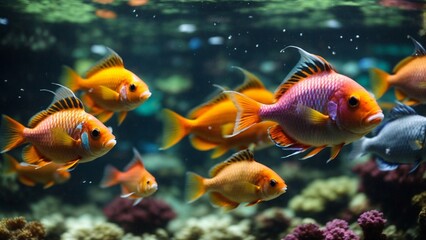 Close-up high-resolution image of a school of carp fish in a modern fishtank.