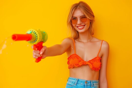 A confident woman playfully holds a toy gun, her orange garment accentuating her joyful smile as she stands against a wall, revealing a glimpse of her abdomen and brassiere