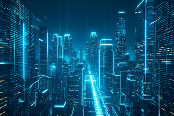 Fototapeta na wymiar Energy power of future big city concept neon cyber light skyscraper building of business area architecture simulation technology digital fly over view blue theme.