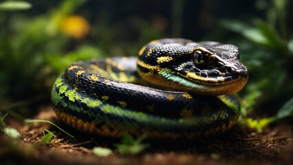 Close-up high-resolution image of a baby python snake in a tropical terrarium. - obrazy, fototapety, plakaty