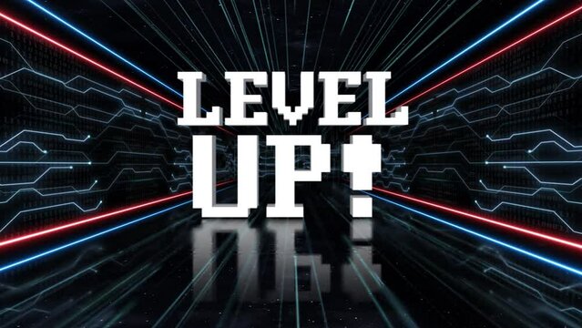 LEVEL UP Text Animation in the Technology Room, on Alpha Channel, Loop
