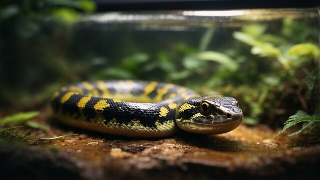 Close-up high-resolution image of a baby ball python in a natural terrarium.