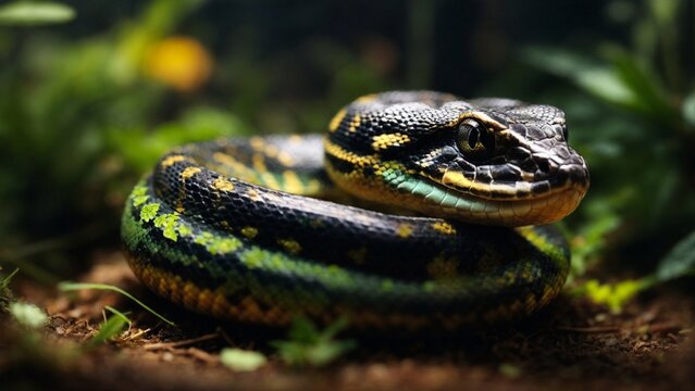 Close-up high-resolution image of a baby python snake in a tropical terrarium.