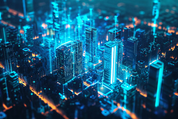 Fototapeta na wymiar Energy power of future big city concept neon cyber light skyscraper building of business area architecture simulation technology digital fly over view blue theme.