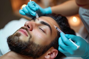 An aging man undergoes a cosmetic procedure, his face being injected with botox to smooth out wrinkles and regain a youthful appearance