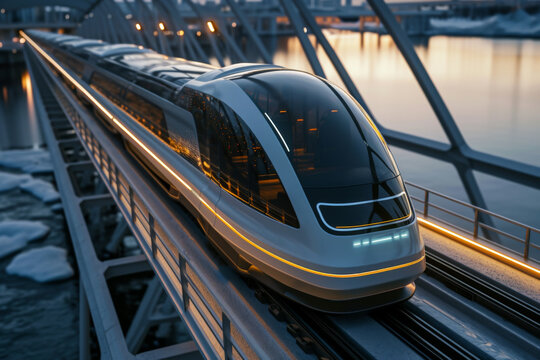 3d model of futuristic passenger train on the bridge. 