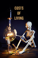 A man, a light bulb, electricity and an hourglass symbolizing the passage of time and the high cost of living. Text in the photo - Costs of living