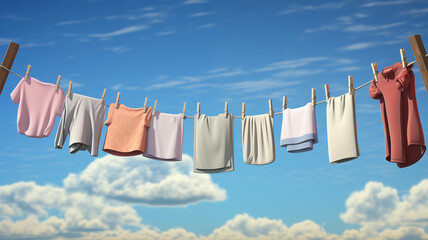 clothes on a clothesline hanging out to dry on a blue sky background; 3d rendered style - obrazy, fototapety, plakaty