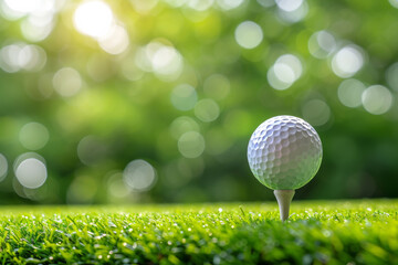 Close-up golf ball on tee with blur green bokeh background.  - obrazy, fototapety, plakaty