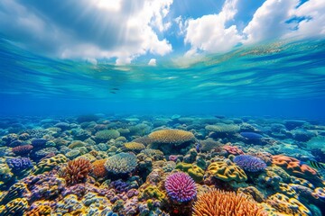 Fototapeta na wymiar Amazing and beautiful underwater view of a coral reef with many tropical fish swimming around