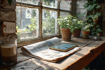 Vintage interior design with a large wooden table by the windows, decorated with potted plants and a tablet lying on a newspaper