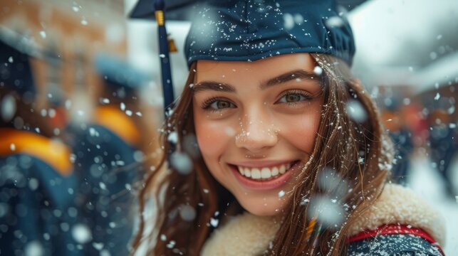 A female college graduate in a blue cap and gown smiles in the snow.
